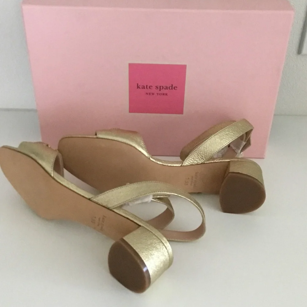 New Kate Spade Metallic Gold Leather Ankle-Strap Sandals